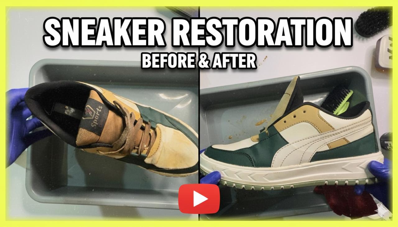 Load video: Professional shoe cleaning process showing deep cleaning of white sneakers using brushes and cleaning solutions.